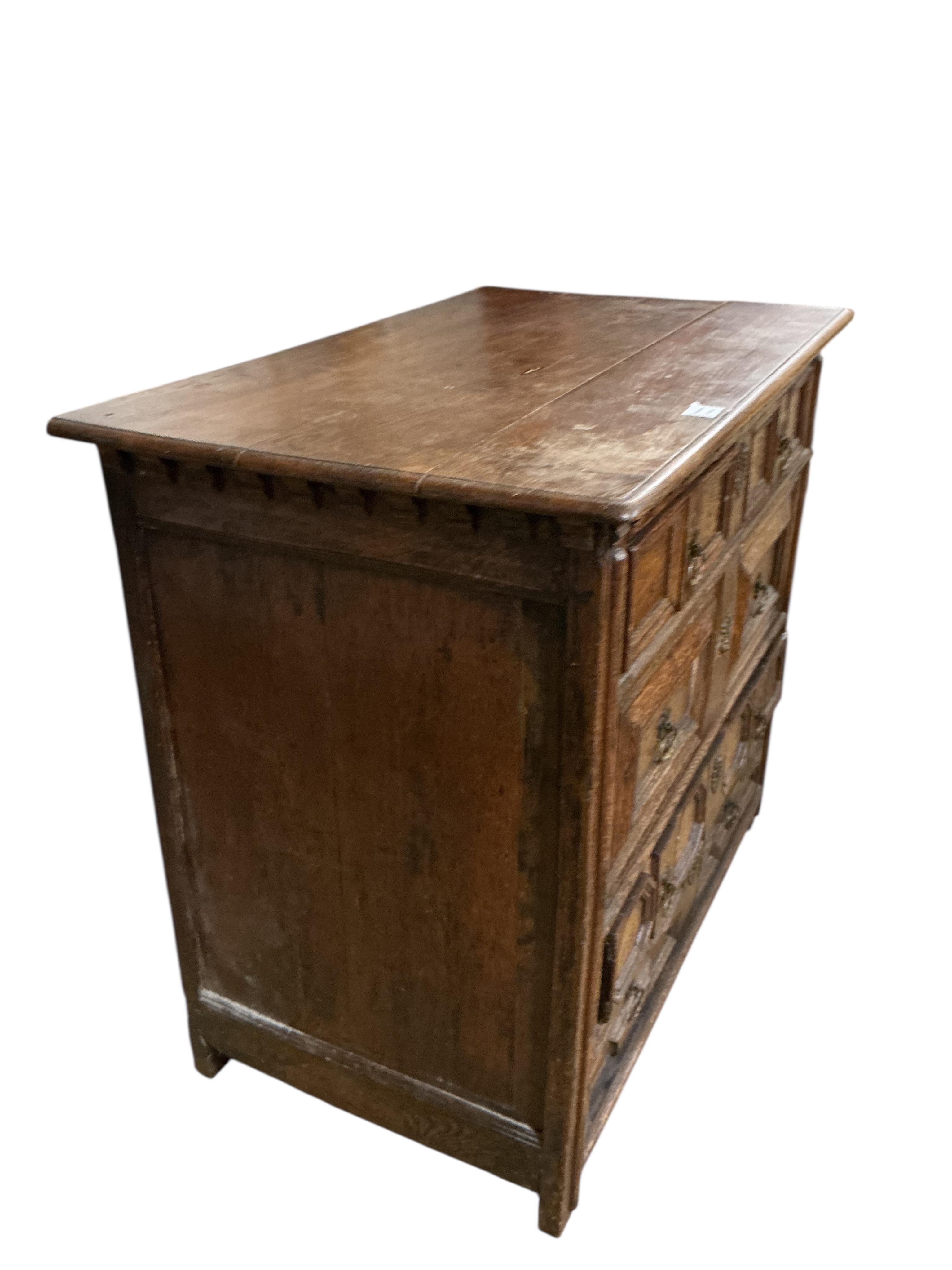 A William and Mary and later oak chest of drawers with geometric front, width 99cm, depth 60cm, height 90cm